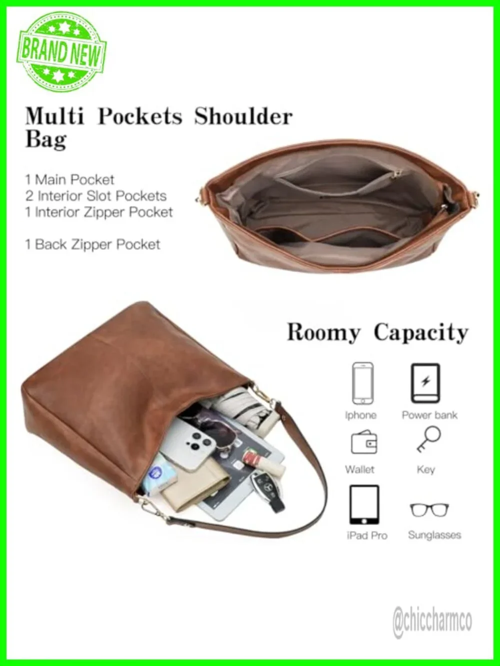 Soft Vegan Leather Hobo Shoulder Crossbody Bag Multi Pocket Tote